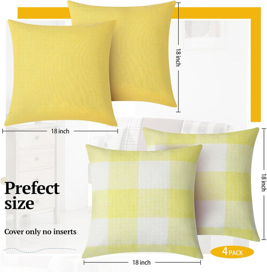 Breling Set of 4 Farmhouse Buffalo Plaid Throw Pillow Covers 18 x 18 Outdoor Home Retro Cushion Case for Summer Christmas Holiday Decor Car Bed Sofa Couch(Yellow Grid)