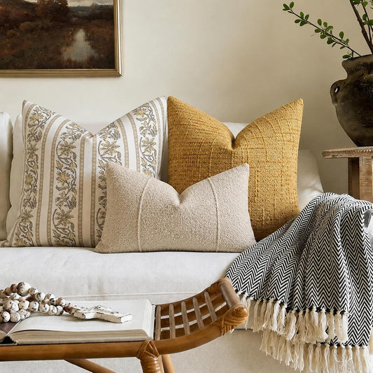 YCOLL Vintage Striped Floral Pillow Covers 20x20 Set of 2, Country Botanical Decorative Cushion Covers Rustic Farmhouse Home Decor for Sofa Couch Chair Bed Living Room, Mellow Yellow