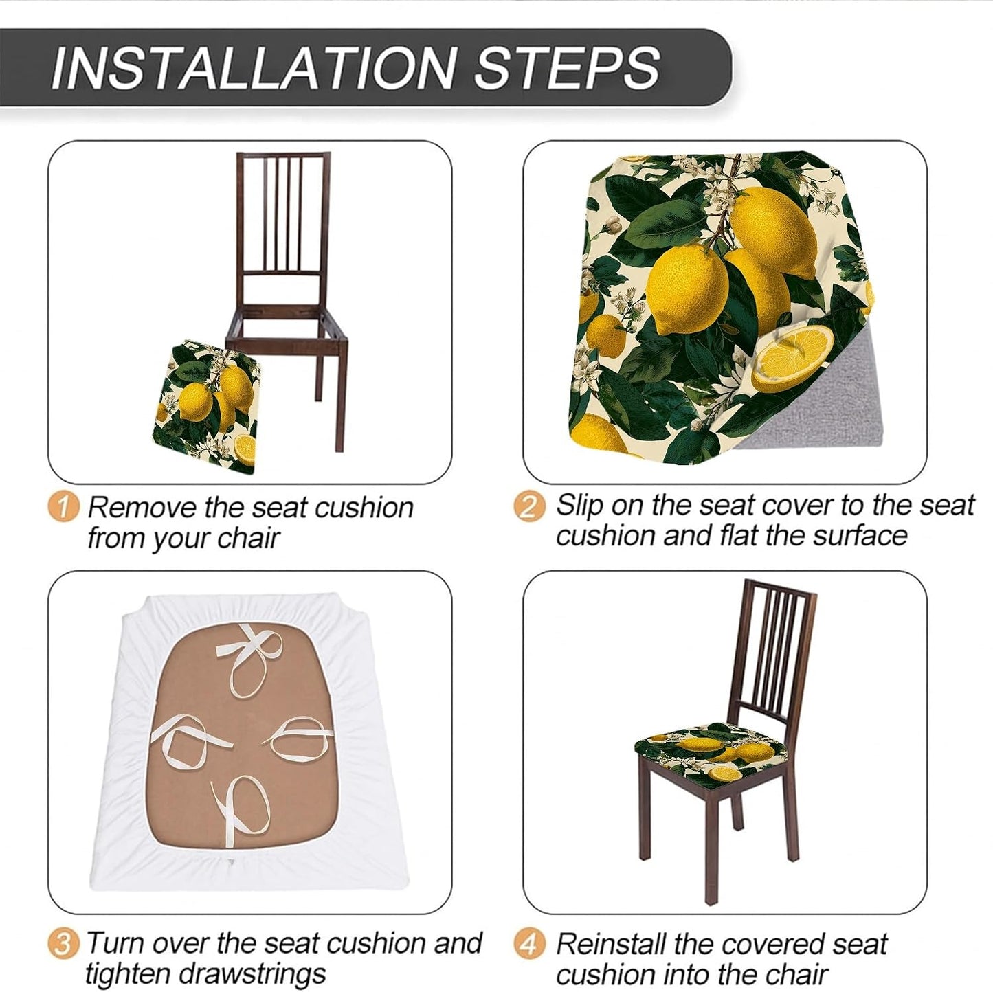 Lemon Floral Chair Seat Covers, Stretch Removable Spandex Cushion Covers, Stylish Decorative Slipcovers for Kitchen Dining Room Decor 4PCS