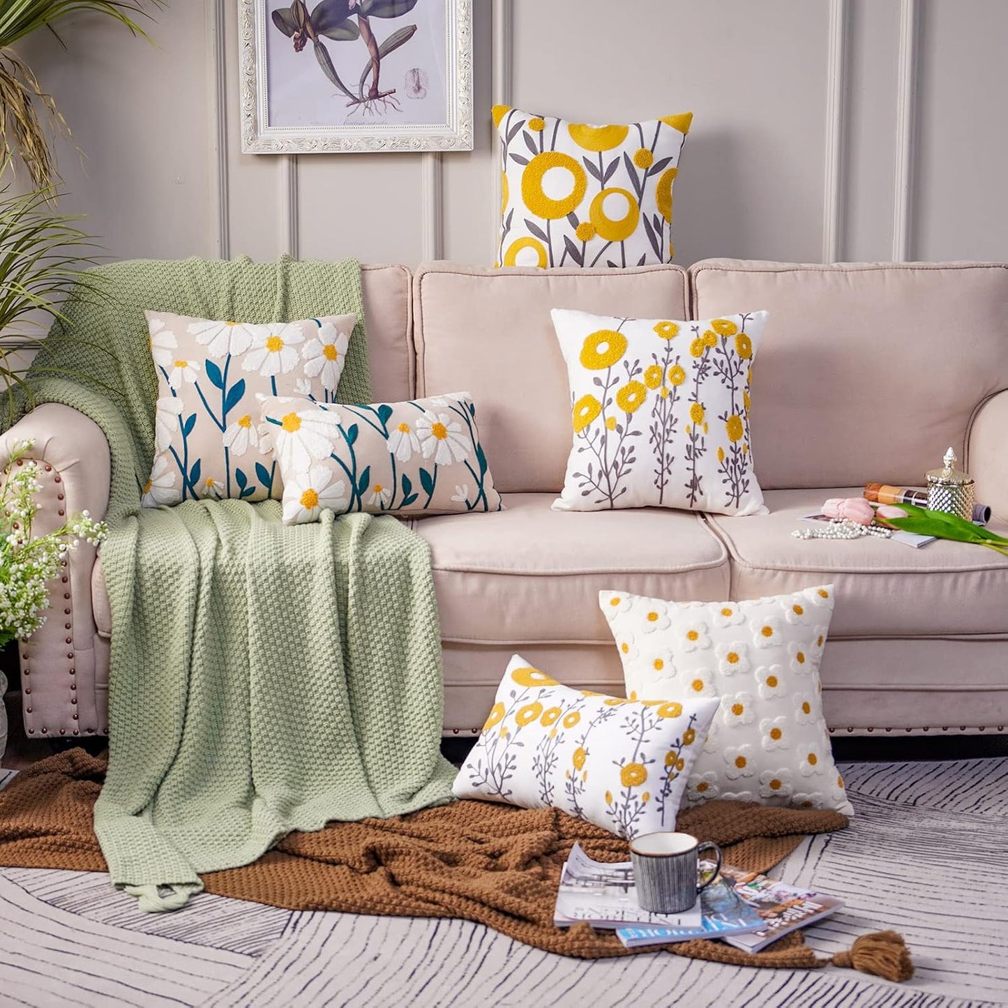 ARTMAGIC Yellow Throw Pillow Cover Embroidered Boho Flower Cushion Covers | Yellow 18"x18" Farmhouse Tufted Cushion Cover, For Couch Sofa Bed, Living Room Bedroom Decor