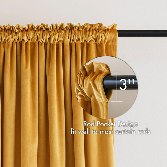 MIULEE Mustard Yellow Velvet Curtains Thermal Insulated Blackout Curtain Fall Drapes for Bedroom Living Room Darkening 84 Inches Long Curtains Panels Rod Pocket Set of 2