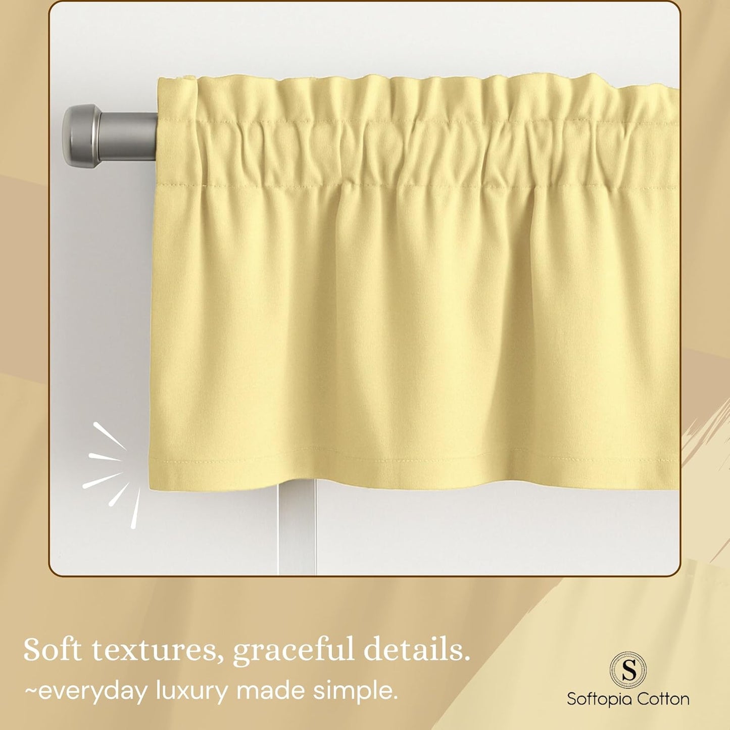 Pale Yellow Valance Curtains 2 Pack, 54x18 Inches, 100% Cotton, Rod Pocket Window Valances, Semi Sheer Short Curtain for Kitchen, Farmhouse, Café, Bedroom, Bathroom, Living Room Décor