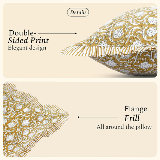 CPC Block Print Ruffle Throw Cover Mustard Regal 18"x18" Inch Pack of 2-100% Cotton Ruffle Couch Decorative Boho Pillows Case for Living Room, Bedroom, Sofa, Farmhouse Gift for Spring, Mother's Day