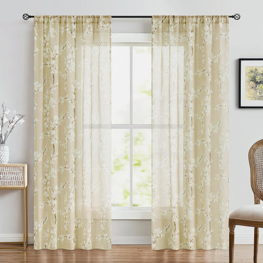 FMFUNCTEX Linen Sheer Curtains for Living Room, Cream Blossom Floral Print Curtains 84 Inches Long for Bedroom, Light Filtering Linen Blend Butter Yellow Floral Window Curtain 2 Panels Rod Pocket