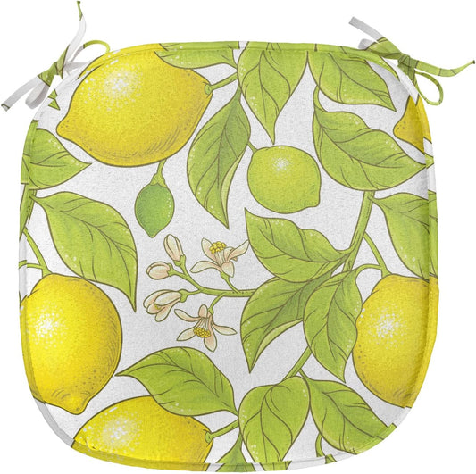 Lunarable Food Chair Seating Cushion Set of 6, Citrus Motifs from Lemon Branches and Blossoms Natural Art Illustration, Anti-Slip Seat Padding for Kitchen & Patio, 16"x16", Yellow and Apple Green