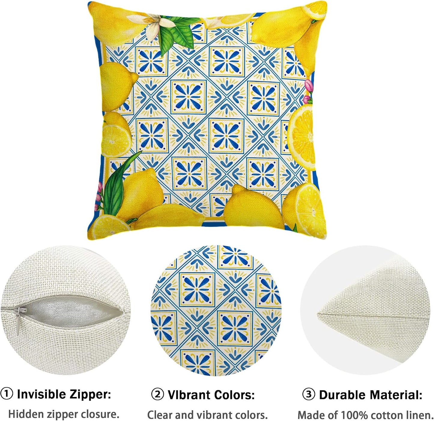 Italian Lemon Pillow Cases - Blue & Cyan Burlap Artifical Fruit Farmhouse Decorations for Spring/Summer Life & Party
