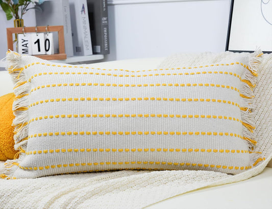 Decorative Farmhouse Fringed Long Lumbar Throw Pillow Cover 12 x 26,Clasic Striped Textured Cotton Boho Decor Long Lumbar Pillow Cover Pillow Case for Sofa Couch Bed,Yellow and Off White