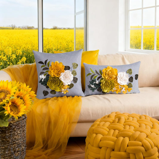 JWH Decorative 3D Flower Throw Pillow Cover Aesthetic Floral Accent Pillow Cases Colorful Pillowcase Handmade Cushion for Living Room Sofa Couch Chair 12x20 Inches Gray Yellow
