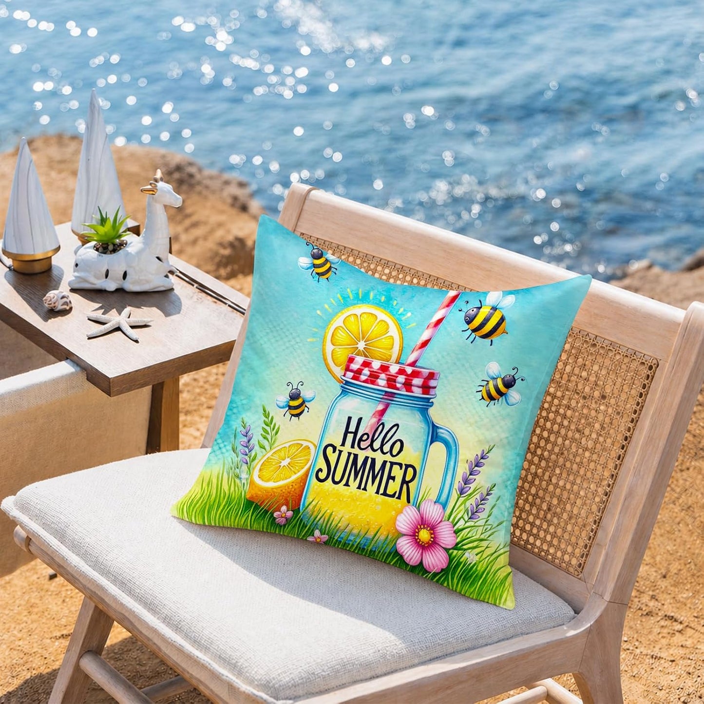 BlissYard Hello Summer Lemon Throw Pillow Covers 18x18 Set of 2 Decorative Pillow Covers Bee Lemonade Summer Cushion Covers Farmhouse Summer Pillow Covers for Couch Sofa Living Room Home Decor