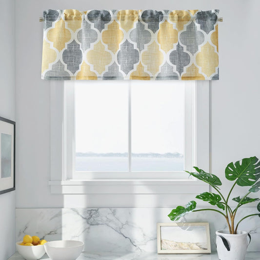 Beauoop Lattice Moroccan Tile Print Valances Geometric Quatrefoil Kitchen Curtains Valances Semi Sheer Rod Pocket Valance for Bathroom Window Treatment, 50 x 18 Inch, Yellow/Grey, 1 Panel