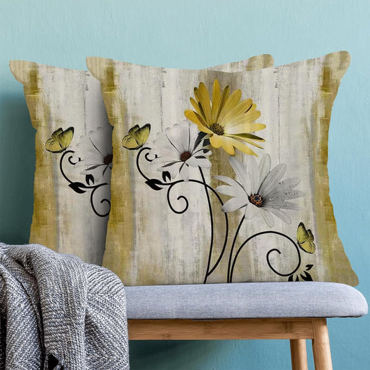 Yellow Pillow Covers 18x18 Inch Set of 2 Vintage Yellow White Daisy Floral Throw Pillows Spring Summer Flower Butterfly Pillowcases Linen Outdoor Decor Cushion Covers for Sofa Couch