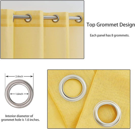 July Joy Semi Linen Look Sheer Curtains for Bedroom, Living Room Grommet Light Filtering Solid Voile Window Curtains, Set of 2 Panels (52 x 84 inch, Yellow)