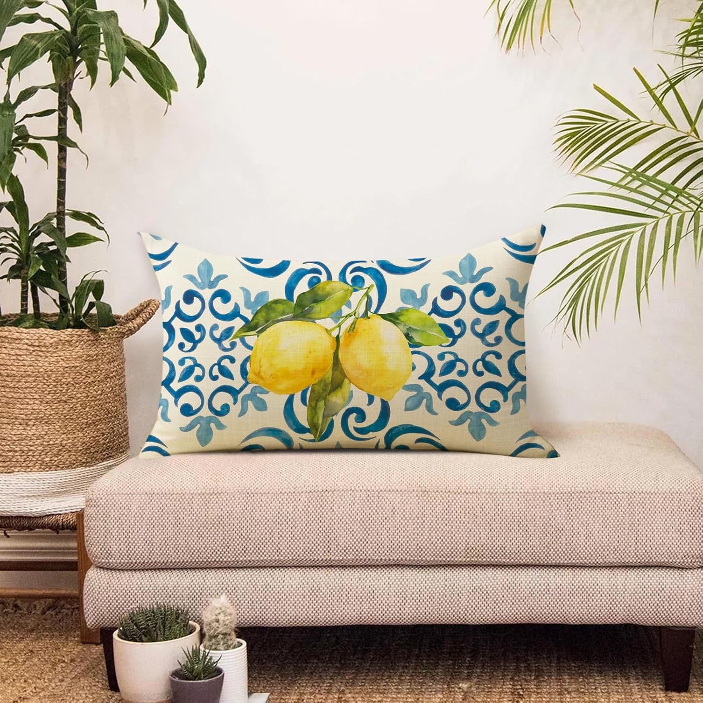 Blue Lemon Lumbar Decorative Throw Pillow Cover 12 x 20, Rectangular Amalfi Coast Citrus Italy Tile Pattern Outdoor Home Decor, Summer Mediterranean Couch Cushion Case Housewarming Gift