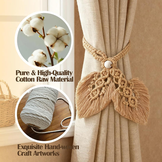 2 PCS Boho Curtain Tiebacks Wooden Bead Curtain Ties Adjustable Hand Knitting Cotton Curtain Holdbacks Woodland Curtain Tie Backs for Drapes Decorative (Yellow)