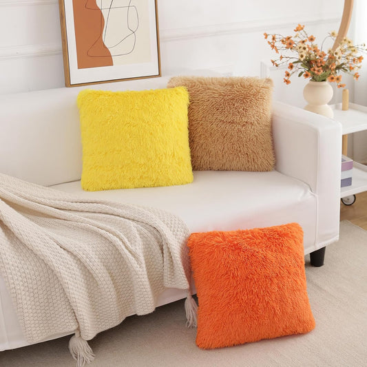BBiggood Yellow Throw Pillow Covers, Super Soft Faux Fur Pillow Cases Set of 2, 18 x 18, Room Decor