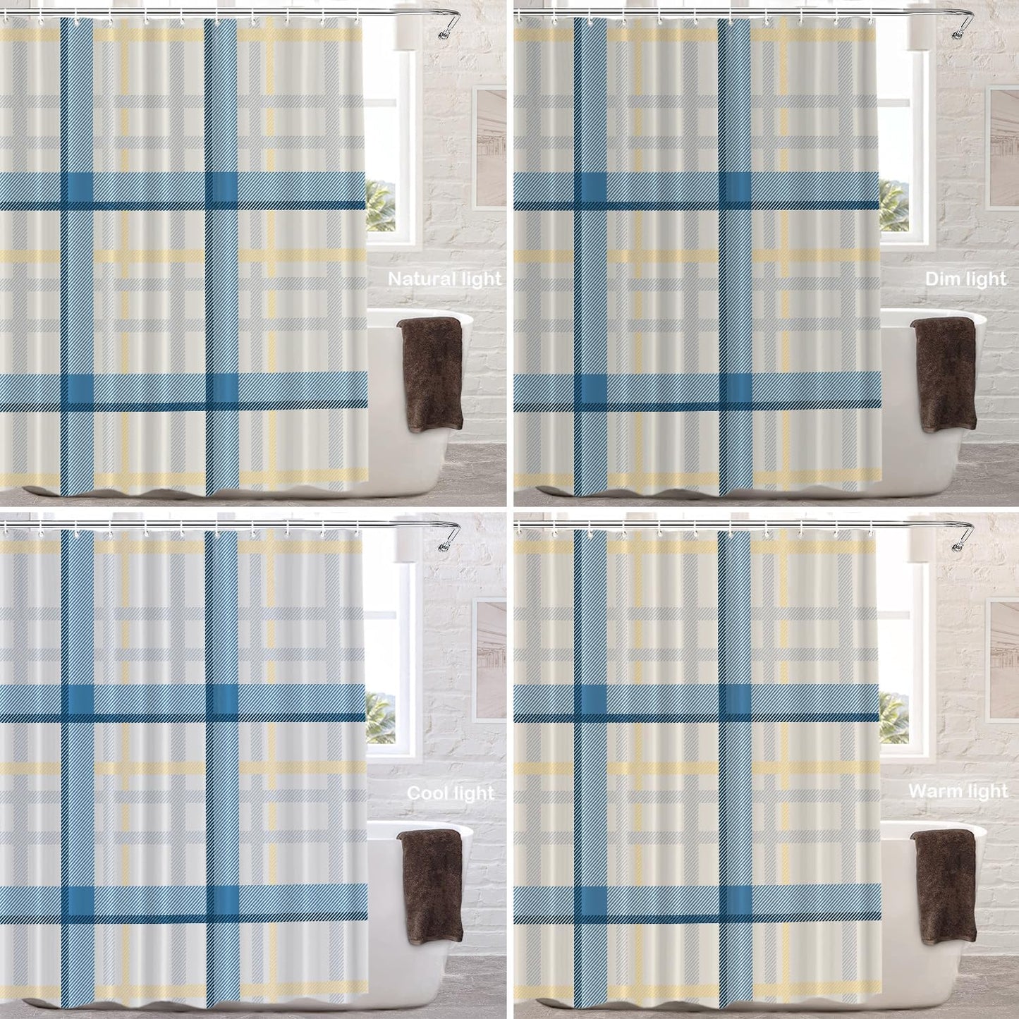 Batmerry Plaid Blue Decor Shower Curtain, Yellow Gingham Check Plaid Pattern Bathroom Decor Polyester Fiber Plastic Rings Quick-Drying Waterproof for Bathtubs/Bathroom, 72X72 Inches