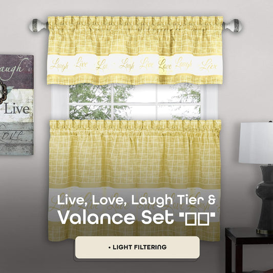 ACHIM Tier and Valance Window Curtain Set - 58 Inch Width, 36 Inch Length - Live, Love, Laugh (Yellow) - Light Filtering Drapes for Kitchen, Bedroom, Living & Dining Room Home Decor