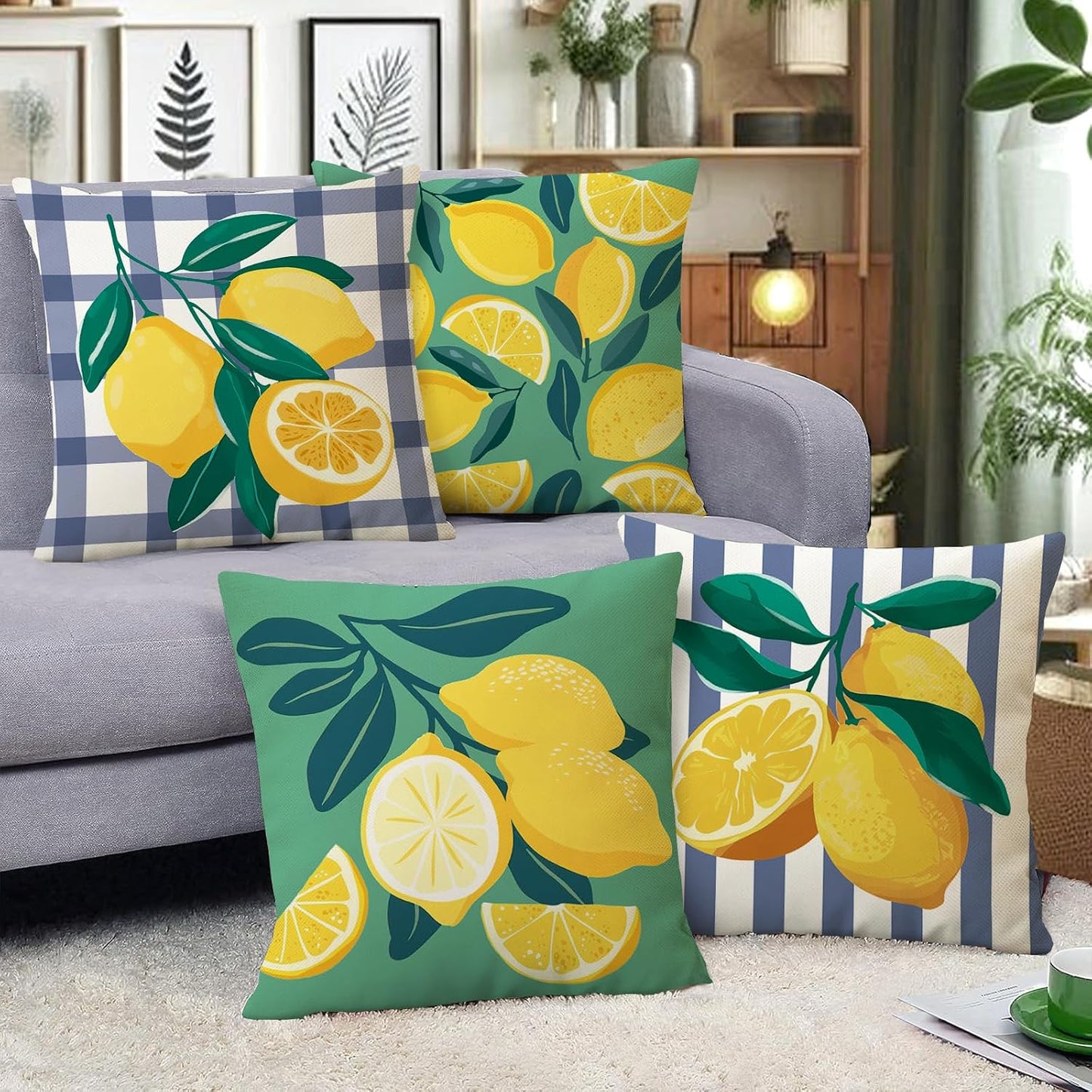 Fahrendom Lemon Decorative Throw Pillow Covers 18 x 18 Set of 4, Yellow Green Citrus Fruit Porch Patio Outdoor Pillowcase, Summer Buffalo Plaid Stripes Farmhouse Sofa Couch Cushion Case Home Decor