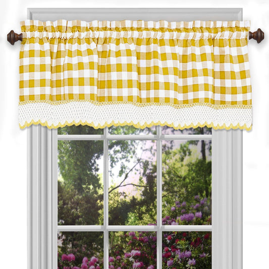 Woven Trends Farmhouse Curtains Kitchen Décor, Buffalo Plaid Valance, Classic Country Plaid Gingham Checkered Design, Farmhouse Décor, Window Curtain Treatments (Yellow, 24" Tier Pair)