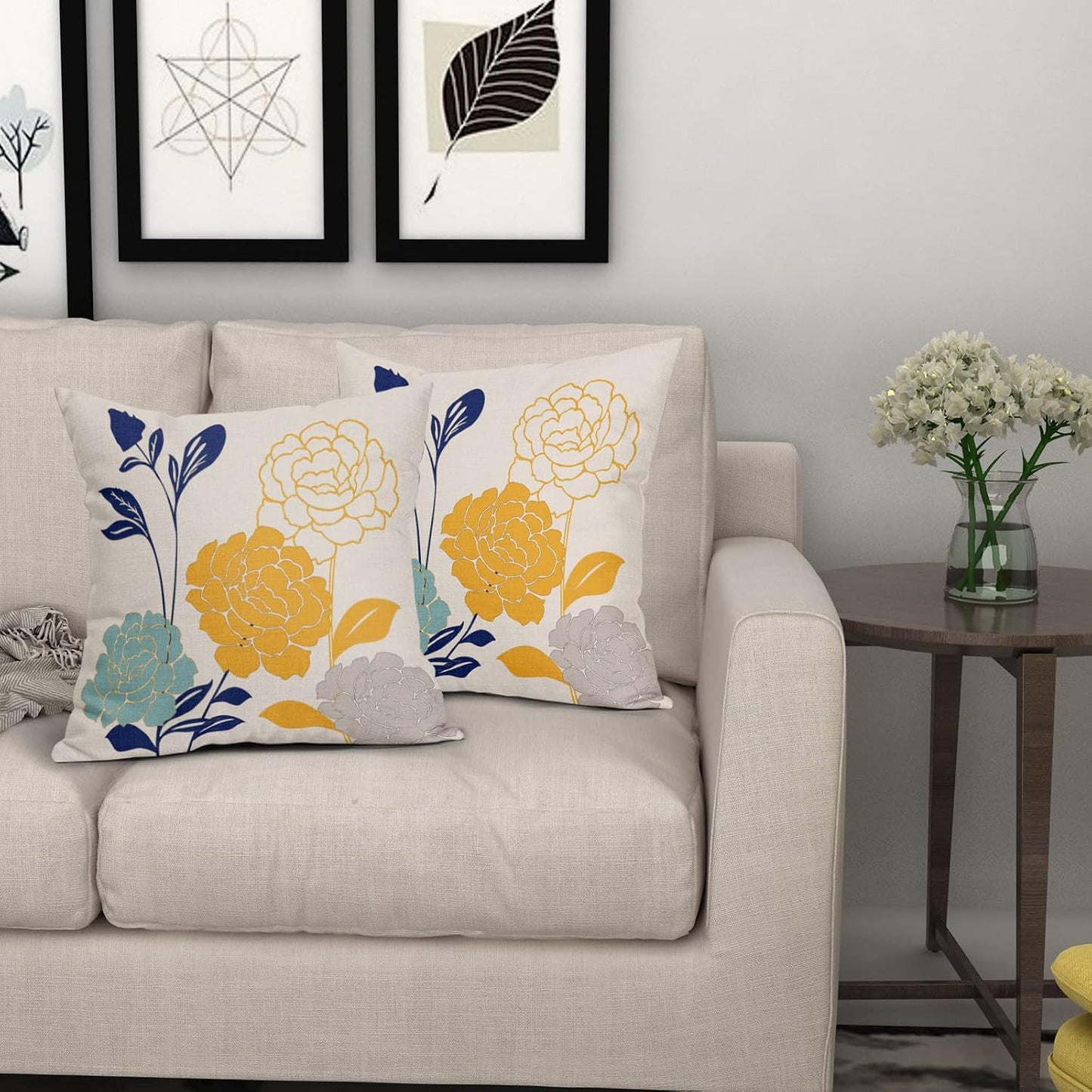 Flowers Outdoor Pillow Covers 18x18 Set of 2, Teal Grey Mustard Yellow Floral Decorative Throw Pillows Cover,Spring Summer Navy blue Leaf Linen Square Pillowcase Decor Gifts for Home Patio Couch Sofa