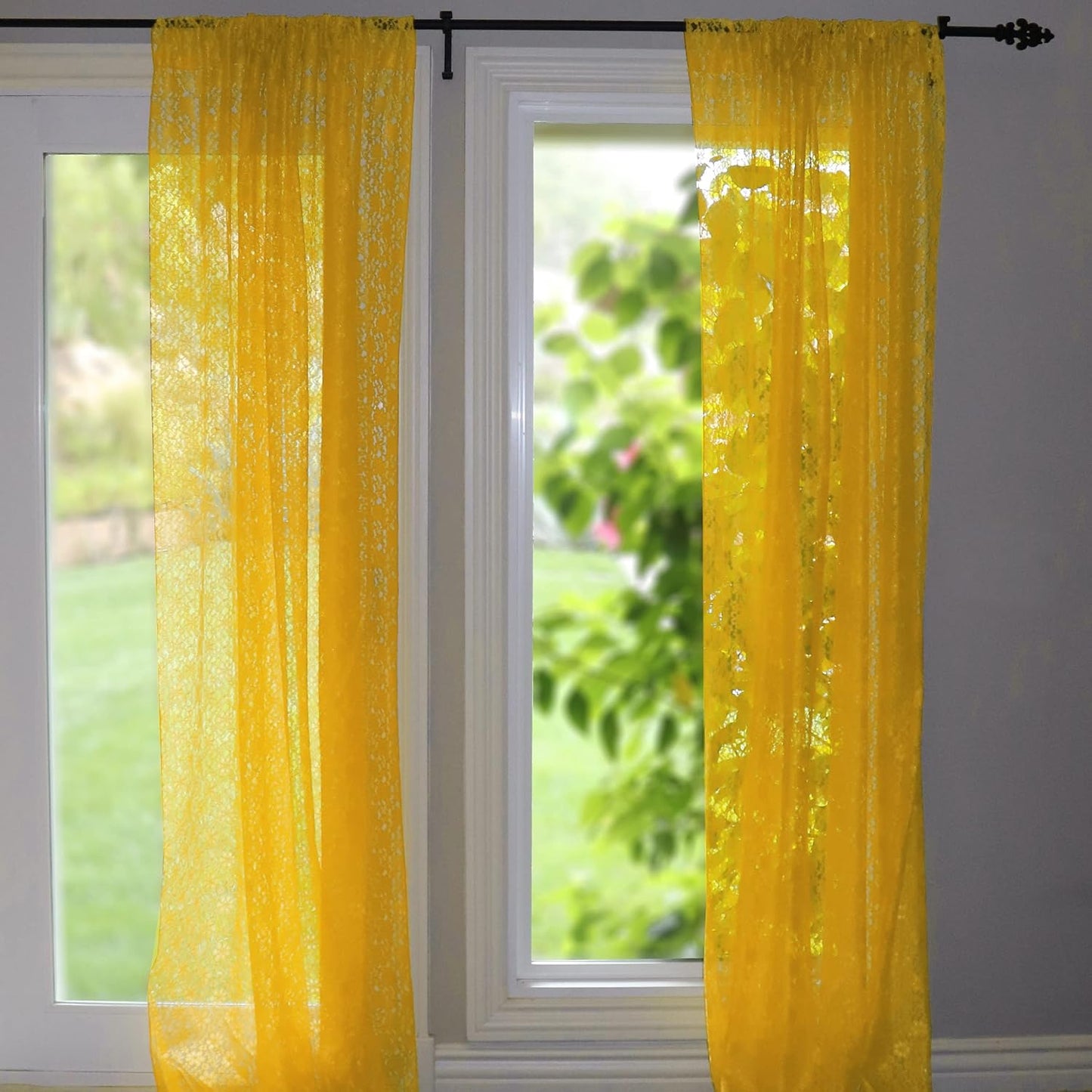 lovemyfabric Floral Lace Window Curtain Panel Sheer Lace Bedroom Kitchen Dining Room Bathroom Classroom Diner Window Decor (58" Wide) (48" Tall, Marigold Yellow)