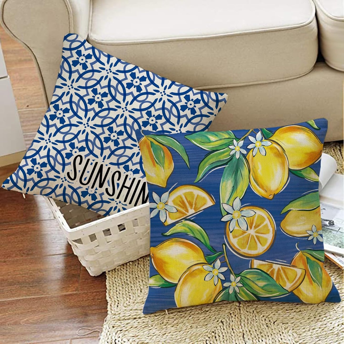 Blue Lemon Decorative Throw Pillow Covers 18 x 18 Set of 4, Amalfi Coast Italy Tile Pattern Plaid Floral Home Sweet Home Outdoor Decor, Summer Mediterranean Sunshine Farmhouse Couch Cushion Case