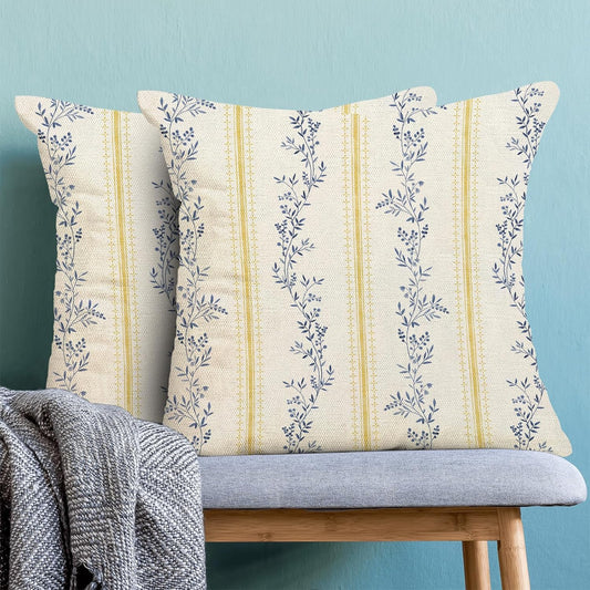 AEIOAE Spring Blue Yellow Floral Throw Pillow Covers 18x18 Inch Set of 2 Striped Flower Botanical Vintage Decorative Pillow Cases Boho Outdoor Farmhouse Cushion Case for Couch Sofa Home Decor