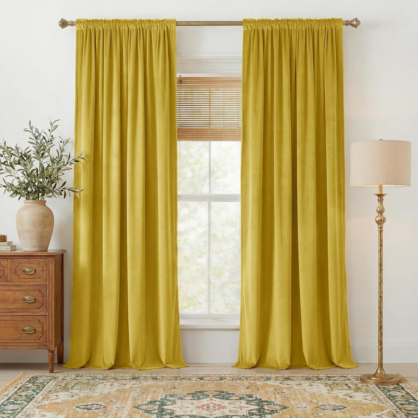 NICETOWN Chartreve Yellow Velvet Curtains 84 inches Long, Rod Pocket & Back Tab Room Darkneing Window Treatments Thermal Drapes for Living Room/Bedroom, W52 x L84, 2 Panels