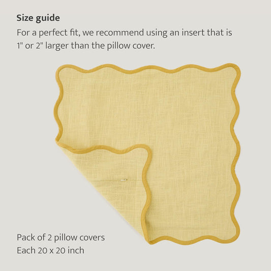 Double Stitch Scalloped Throw Pillow Covers - 100% Cotton Set of 2 Decorative Boho Pillow Covers 20 x 20, Made in India, Square Cushion Case, Modern Home Decor for Couch Sofa, Lemon Yellow