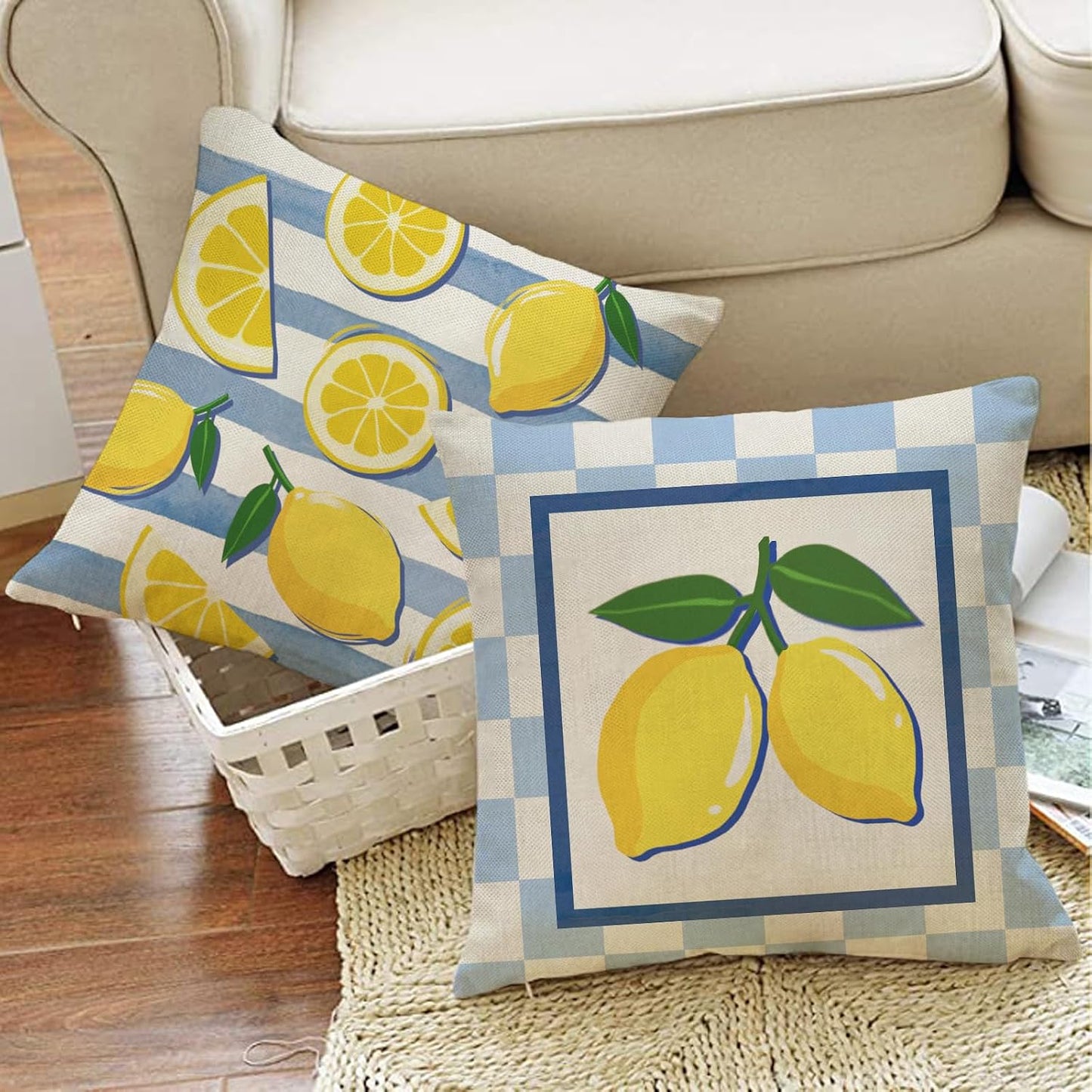 Lemon Theme Decorative Throw Pillow Covers 18 x 18 Set of 4, Italy La Dolce Vita Citrus Fruit Yellow Blue Plaid Stripes Porch Outdoor Home Decor, Summer Mediterranean Sofa Couch Cushion Case
