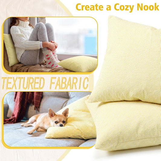 Huhumy Yellow 2 Pack Throw Pillow Cover 18" x 18" for Home Decoration Striped Modern Style Decorative Cushion Covers No Inserts Seersucker Pillow Cover for Outdoor Patio Living Room Chair Bed Couch