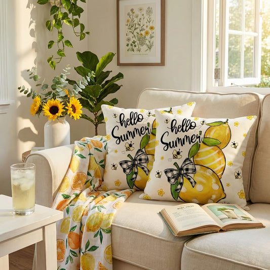 GEEORY Summer Lemon Pillow Covers Set of 2, 18x18 Inch - Hello Sunshine Bee Farmhouse Decor Spring Summer Pillow Case for Sofa and Living Room