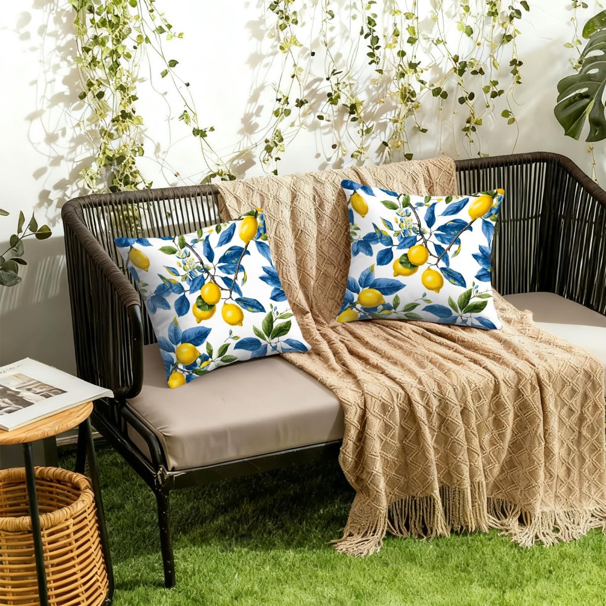 Outdoor Throw Pillow Covers Summer Lemon Blue Leaves Waterproof Square Pillow Case 16x16 inch Set of 2 Farmhouse Cushion for Patio Garden