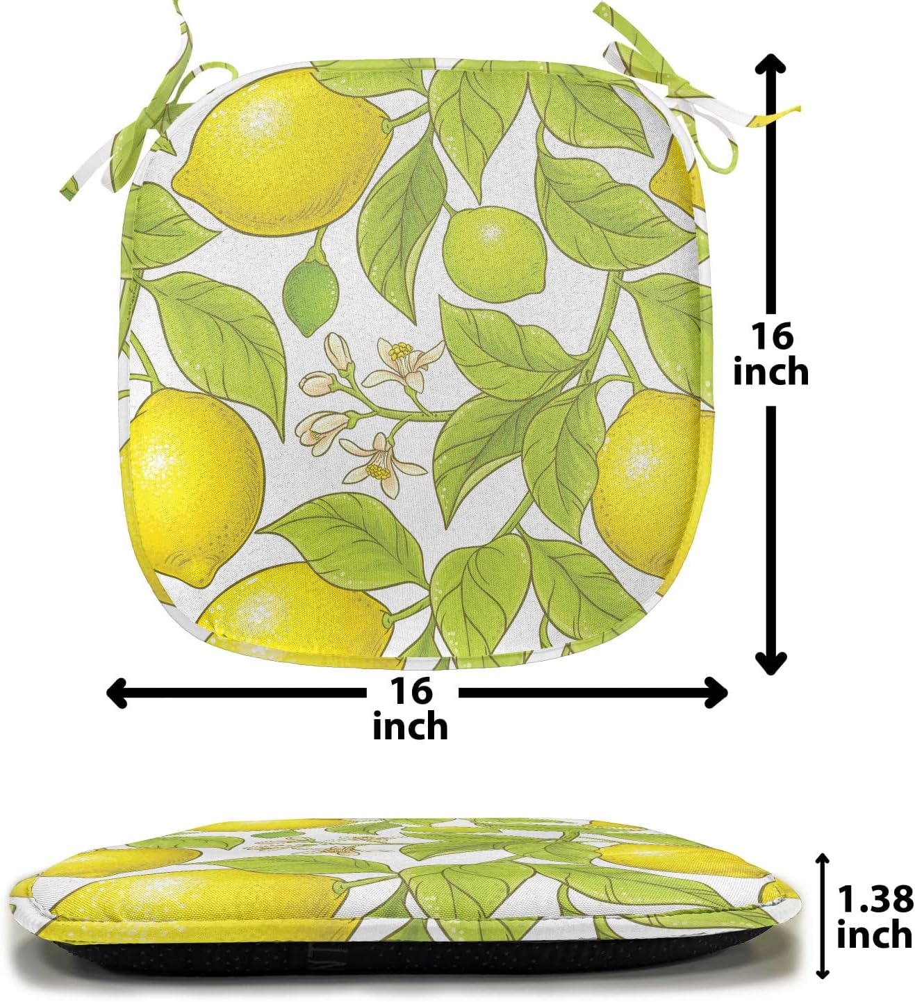 Lunarable Food Chair Seating Cushion Set of 6, Citrus Motifs from Lemon Branches and Blossoms Natural Art Illustration, Anti-Slip Seat Padding for Kitchen & Patio, 16"x16", Yellow and Apple Green