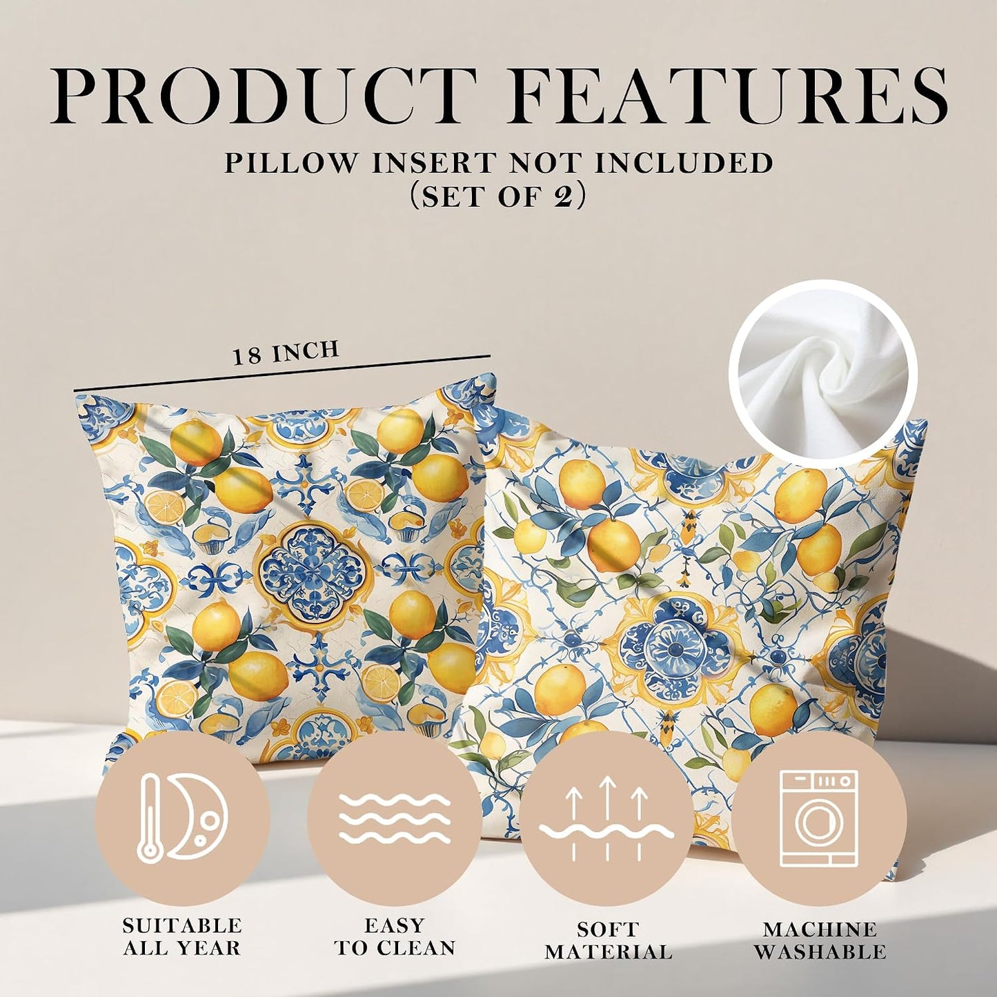 Blue and Yellow Mediterranean Lemon Throw Pillow Covers 18x18 Set of 2,Lemons Gifts for Women,Blue Summer Lemon Pillowcase for Girls Room Dorm Apartment, Italy Majolica Tiles Lemons Decor