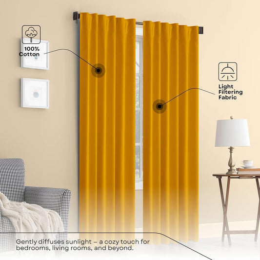 Mustard Yellow Solid Panel Curtains, 84 Inches Long, Set of 2, 100% Cotton, Light Filtering for Privacy, Warm Farmhouse Ambiance, Great for Bedroom, Living Room, 54" W x 84" L