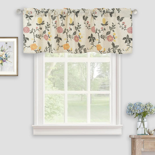 Watercolor Colorful Flowers Linen Kitchen Valance, Light Filtering Rod Pocket Small Window Curtains Valance for Kitchen Cafe Living Room Bathroom 54" x 18" Blush, Orange, Yellow