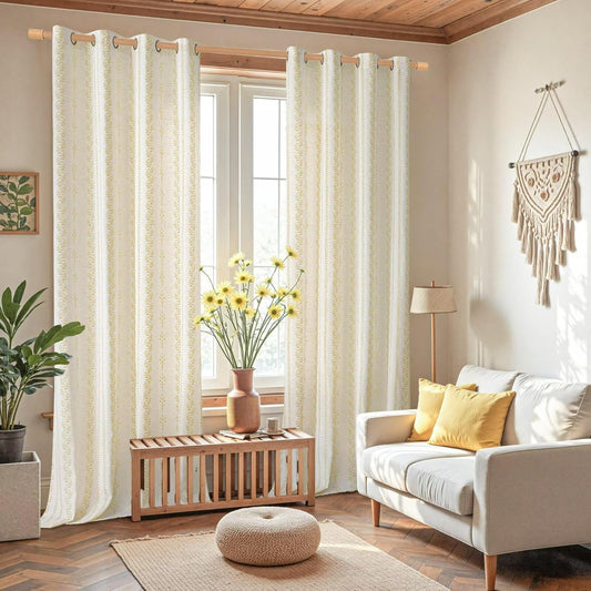 BGment Mustard Yellow Vintage Floral Linen Curtains for Farmhouse - Boho Curtains 84 Inch Long Light Filtering Window Drapes for Country Rustic Living Room, Each 52 Inch Wide, 2 Panels Set