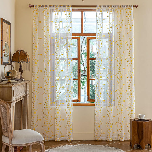 AmHoo 2 Panels Leaf Flora Embroidered Farmhouse Semi Sheer Curtain Voile Curtains for Living Room Bedroom Window Treatment White Gold Yellow 53 x 84 Inch