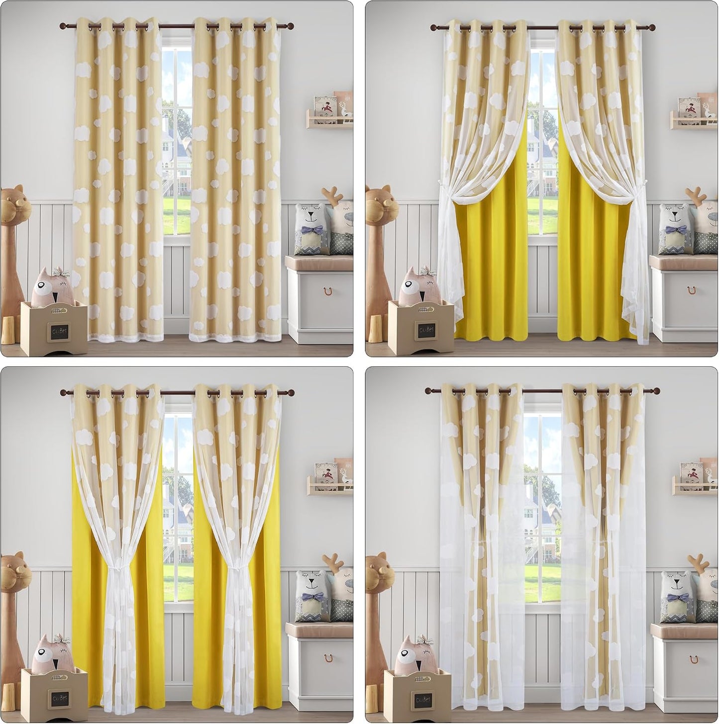 Yellow Blackout Curtains for Nursery Double Layer Curtains with Cute Cloud Pattern Sheer Overlay Grommet Room Darkening Drapes for Kids Room 2 Panels Set, W52 X L84