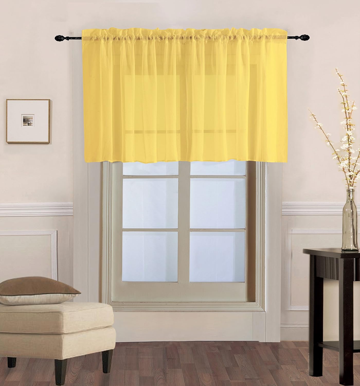 2pc Sheer Valance Top Window Curtain Rod Pocket See Through 18" Long Solid Colors Home Decor V16 (Yellow)