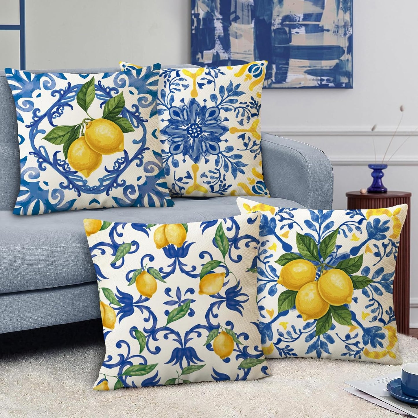Fahrendom Blue Lemon Italy Tile Pattern Decorative Throw Pillow Covers 18 x 18 Set of 4, Amalfi Coast Italian Capri Citrus Porch Pillowcase, Summer Mediterranean Sofa Couch Cushion Case Home Decor