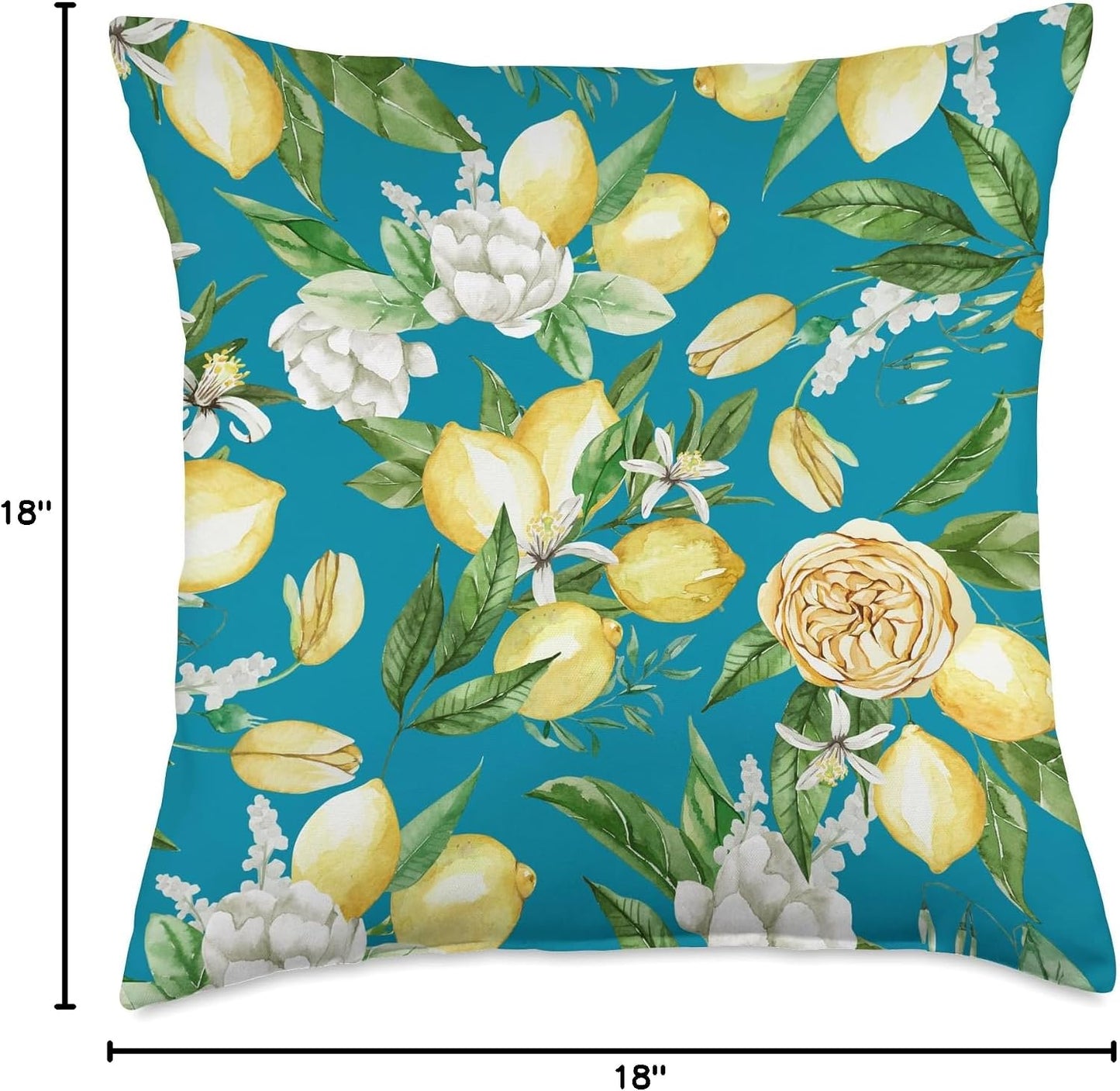 Summer by Vine Mercantile Turquoise-Amalfi Lemon Blossom Watercolor Citrus Pattern Throw Pillow, 18x18, Multicolor