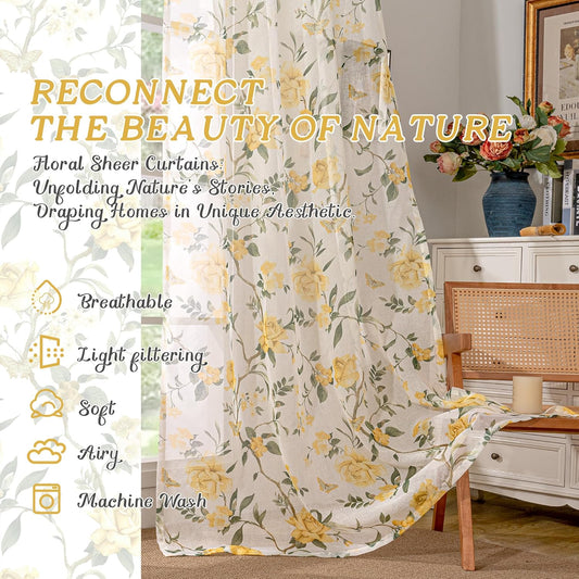 Lajode Floral Sheer Curtains for Bedroom Window 63 Inch Length 2 Panels, Farmhouse Light Filtering Privacy Patterned Semi-Sheer Linen Curtains for Living Room Rod Pocket, Yellow, Each 52 Inch Wide