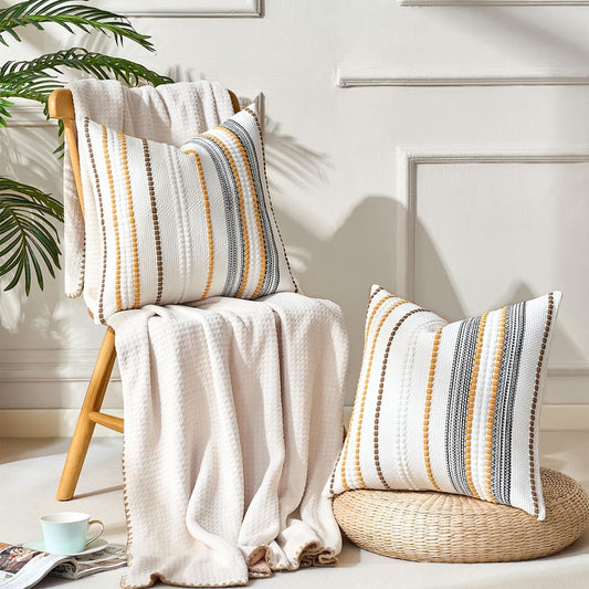 Farmhouse Throw Pillow Covers Accent Pillows Fall Pillow Covers 18x18 Boho Decorative Textured Woven Cushion Cases Set of 2 Mustard Yellow Striped Couch Covers for Couch Bed Living Room Home