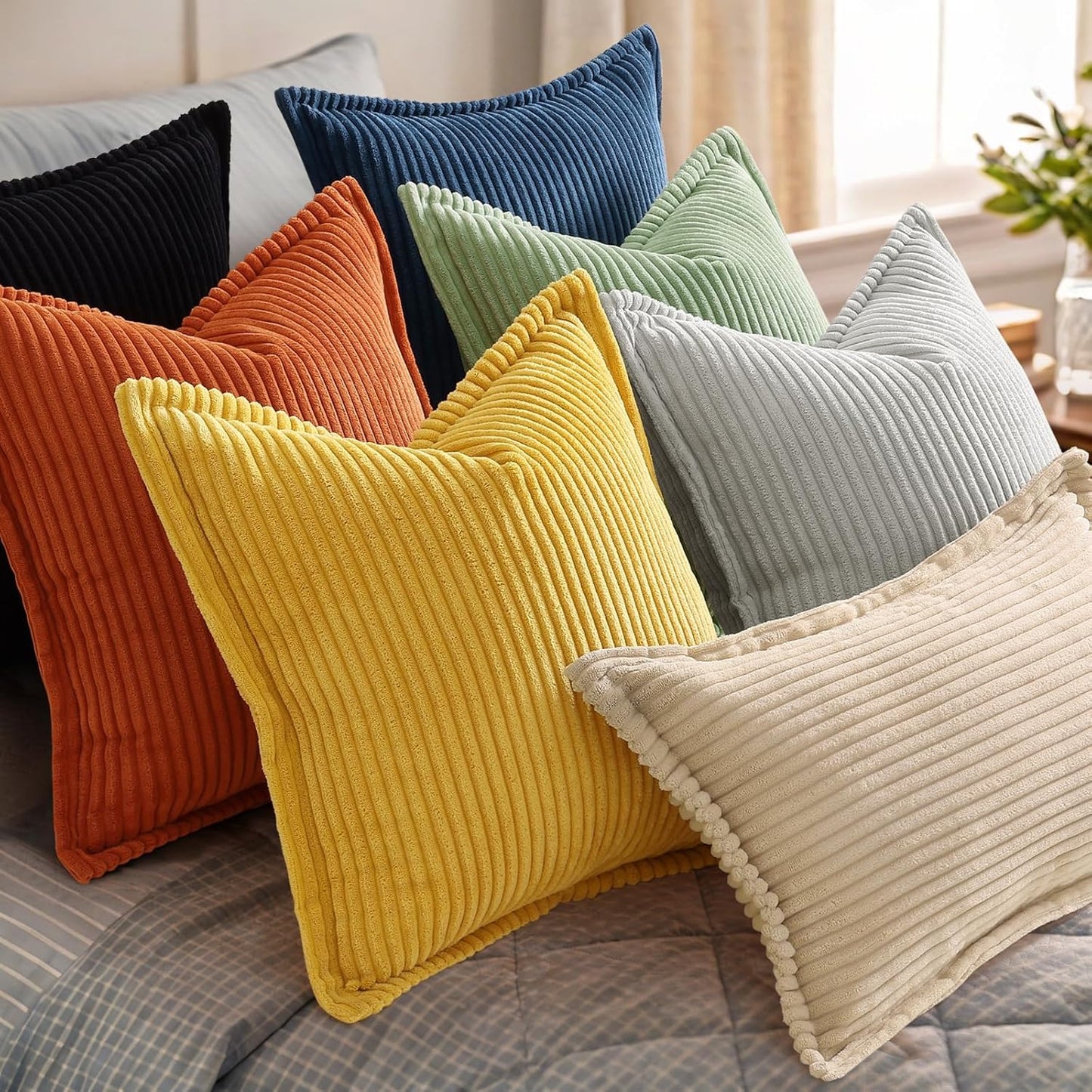 decorUhome Fall Corduroy Mustard Yellow Euro Sham Throw Pillow Covers 22x22 Set of 2 Decorative Soft Boho Farmhouse Couch Pillow Covers for Living Room Bed Sofa Broadside Striped Pillow Cases