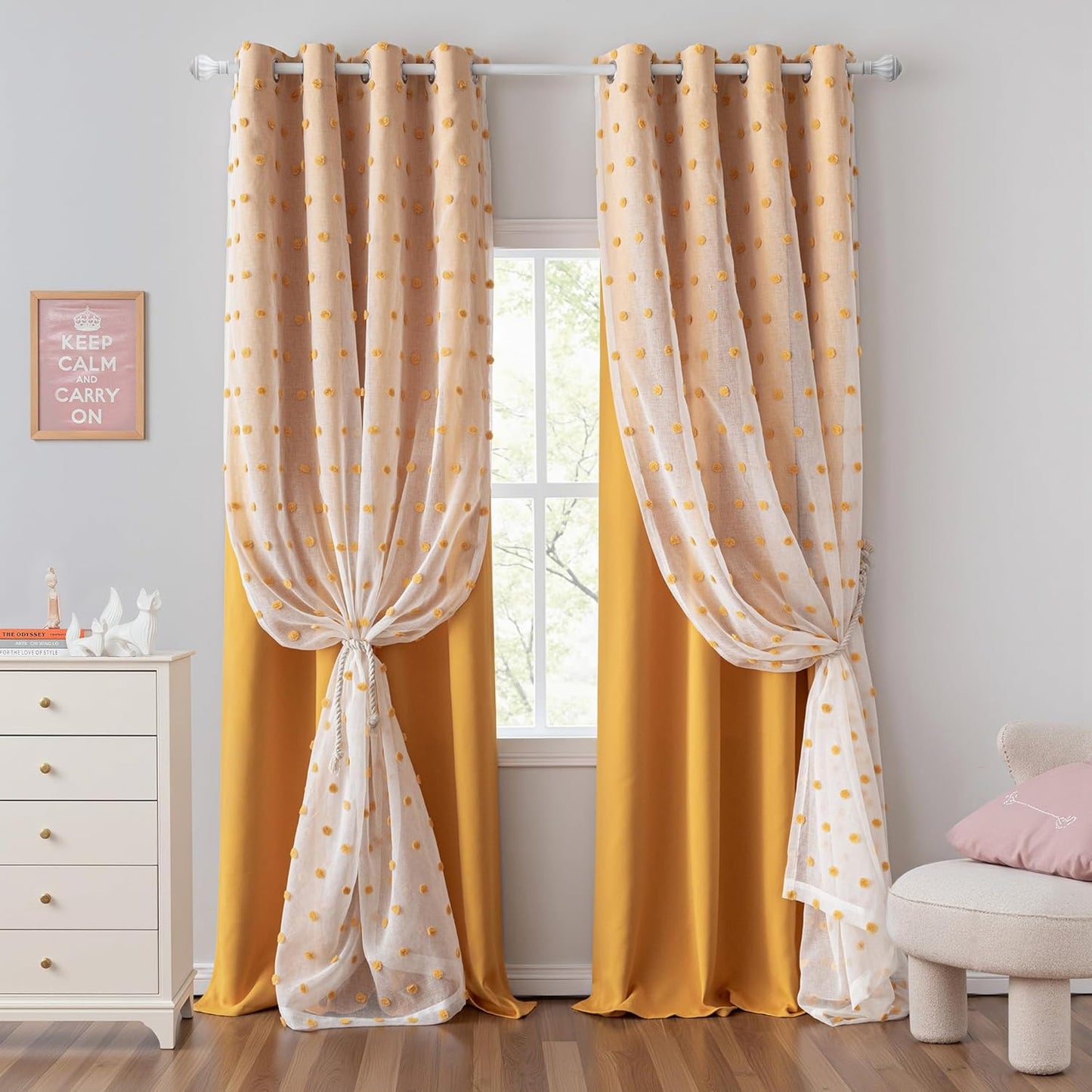 MYSKY HOME 90 Inches Long Living Room Curtains with Yellow Pom Pom Sheer Nursery Curtain Kids Blackout Drapes for Bedroom Double Layer Room Darkening Window Panels Grommet, Yellow, 52" Wide, 2 Pieces