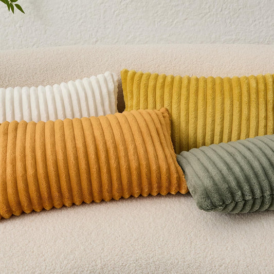 Kevin Textile Soft Plush 12x20 Inch Lumbar Pillow Cover 1 Pack, Luxury Fluffy Faux Fur Striped Flannel Rectangle Cushion Case for Couch Sofa Chair Bed Home Decor, Yellow
