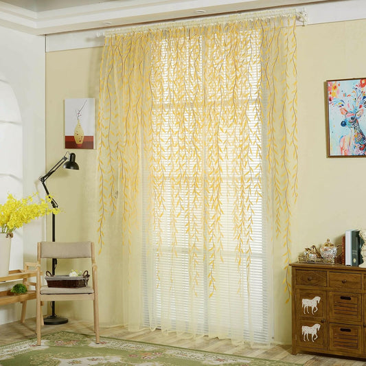 Ufurty 2-Piece Willow Leaf Window Curtains - Voile Tulle Sheer Room Drapes, Yellow, for Living Room, Bedroom, Balcony
