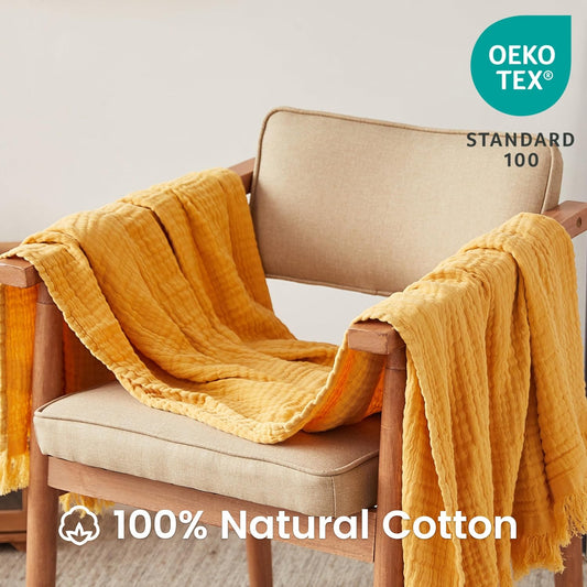FALUCA Cotton Muslin Throw Blanket 50x60 Inches for Bed, Couch, Knit Woven Gauze Blanket, Soft Lightweight Cozy Breathable Farmhouse Decoration for All-Season, Mustard Yellow